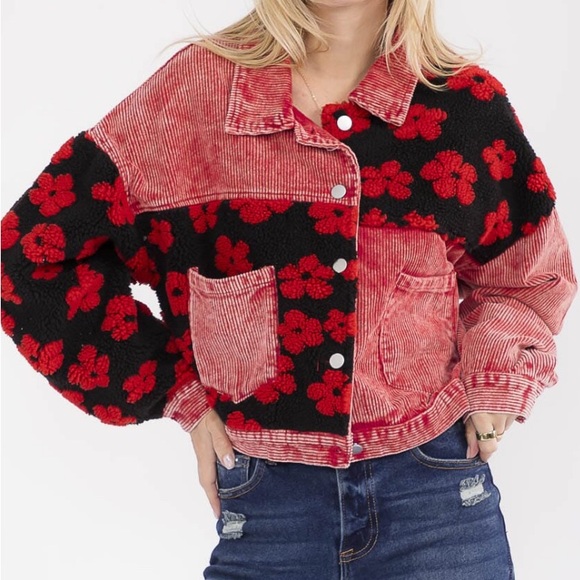 Jackets & Blazers - NWT Red Corduroy & Sherpa Floral Patchwork Jacket – Multiple Sizes